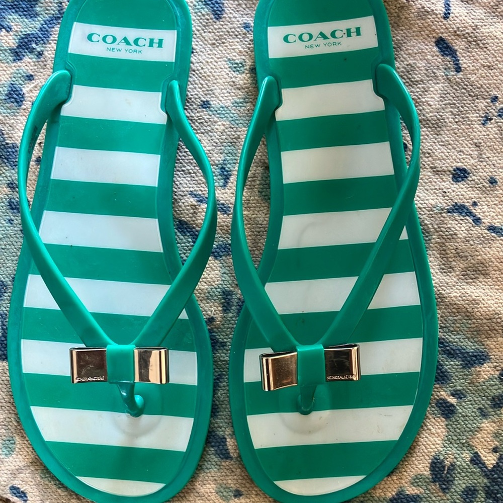 Coach Teal and White Striped Sandals coach emblems in excellent shape!
